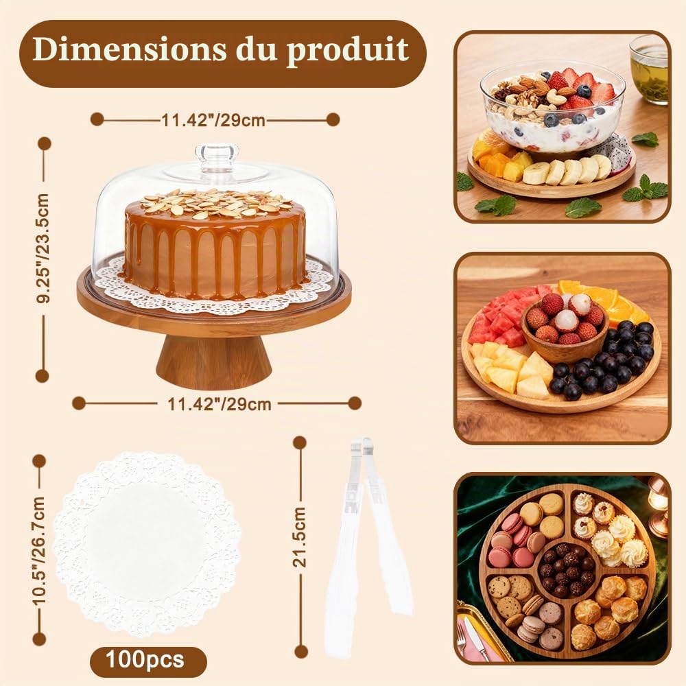 Plateau à gâteau avec couvercle, présentoir à gâteau avec pied, 4 en 1, rond, en bois, 29 cm, plateau à gâteau avec papier sulfurisé et pince de cuisine, support à gâteau pour anniversaire
