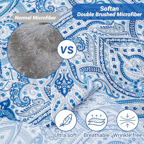 Image of Softan Blue Twin Size Sheet Set, Paisley Printed Bed Sheets for Single Bed, 3-Piece Microfiber Fitted Sheet with 15 inch Deep Pocket & Non-Slip Straps, Patterned Bedding Sheets & Pillowcase Set