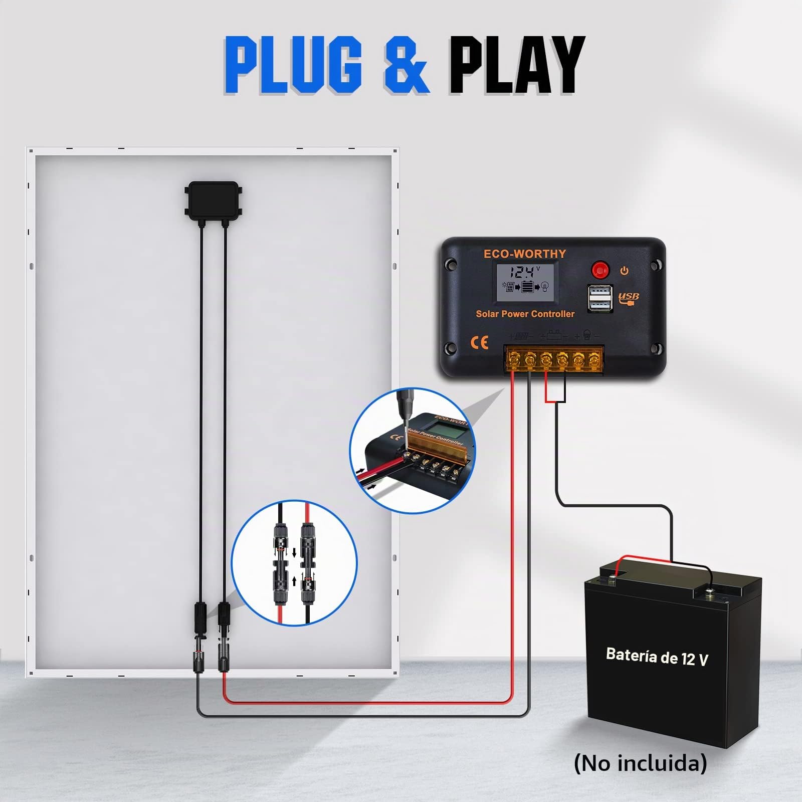 ECO-WORTHY Kit de panel solar de 120 W, 12 V, 0,5 kWh/día, fuera de la red, para autocaravana, furgoneta camper, barco, camping: panel solar mono de 120 W + controlador de carga solar PWM de 30 A +