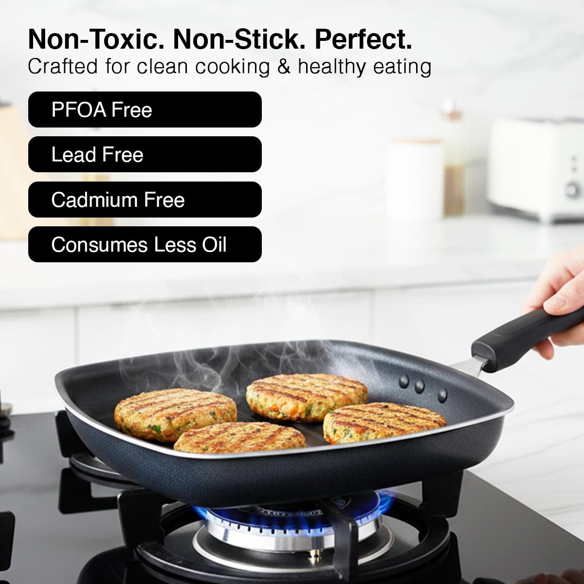 Prestige Omega Select Plus Square Induction Base Non-Stick Aluminium Grill Pan 25 Cm, Black|Nonstick Coating|3 Layer; Finish|Metal Spoon Friendly 4