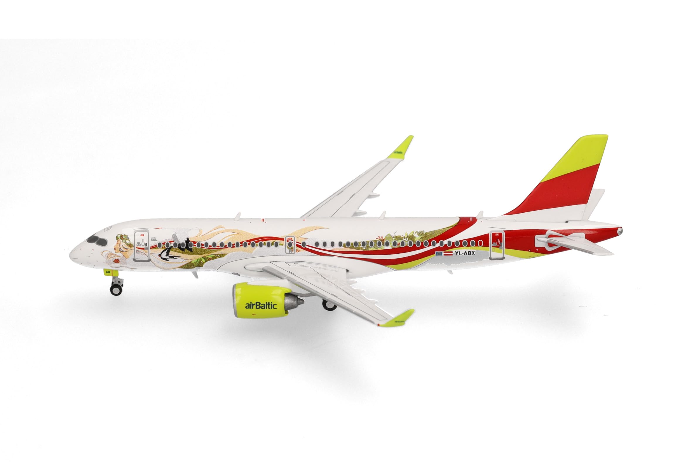 Herpa aereo in miniatura airBaltic Airbus A220-300 "50th A220", miniatura in scala 1:400, pezzo da collezione, modello di aereo con base, metallo