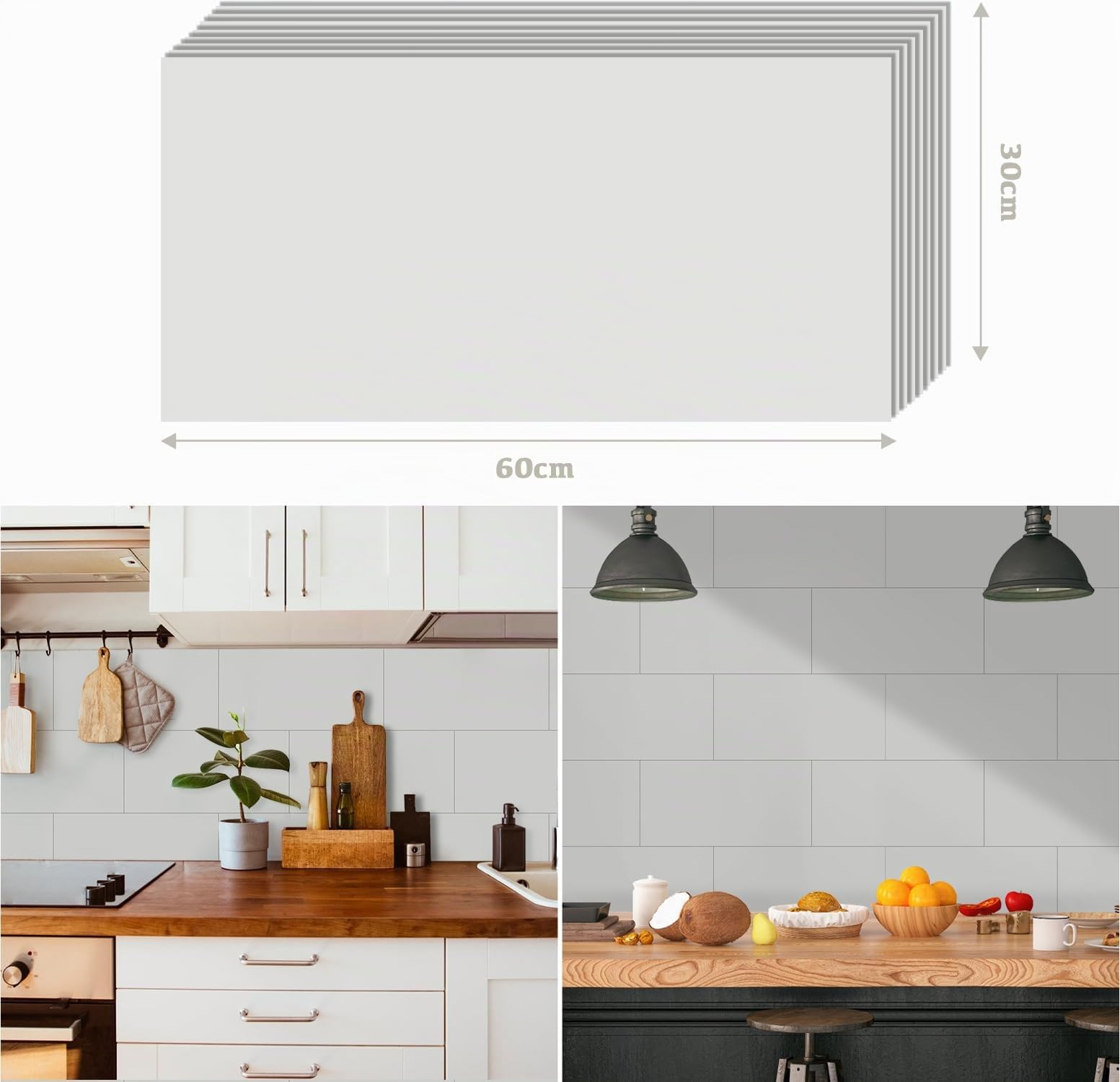 Alened Azulejos adhesivos para cocina, mármol, color blanco, 60 x 30 cm, 10 unidades