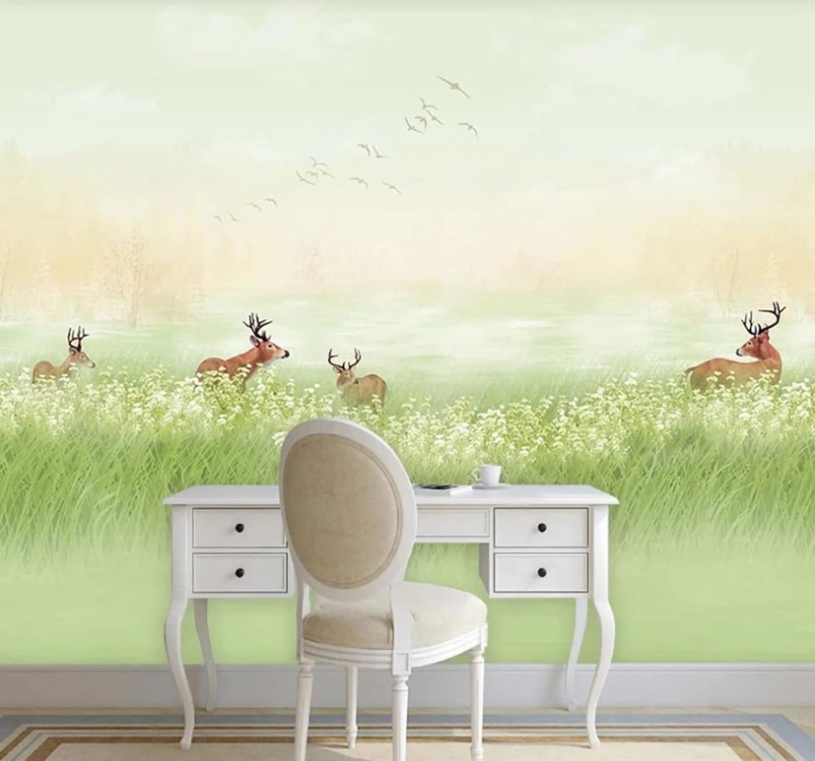Wallpaper-3D-Xlm 200Cm×140Cm(B×H) Fresh Green Grassland Sika Deer Landscape 3D Wallpaper Easy Install Feature Office Living Room Sofa Bedroom Tv Background Wall Decoration-200Cm×140Cm