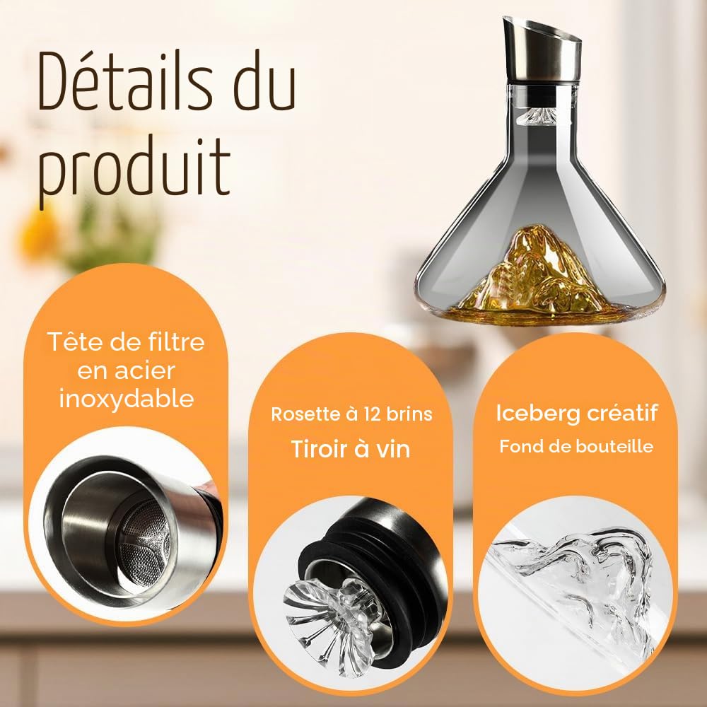 Décanteur à vin transparent de 1500 ml avec aérateur, décanteur de filtration, carafe à vin rouge avec distributeur intégré (cristal)