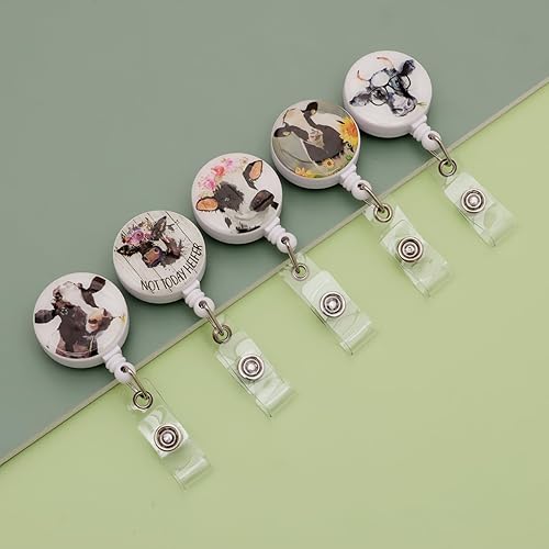 Miniatura 3 de Paquete de 15 carretes retráctiles con estampado de tortuga cerdo y vaca, soporte para tarjetas de identificación, clip retráctil, divertido carrete