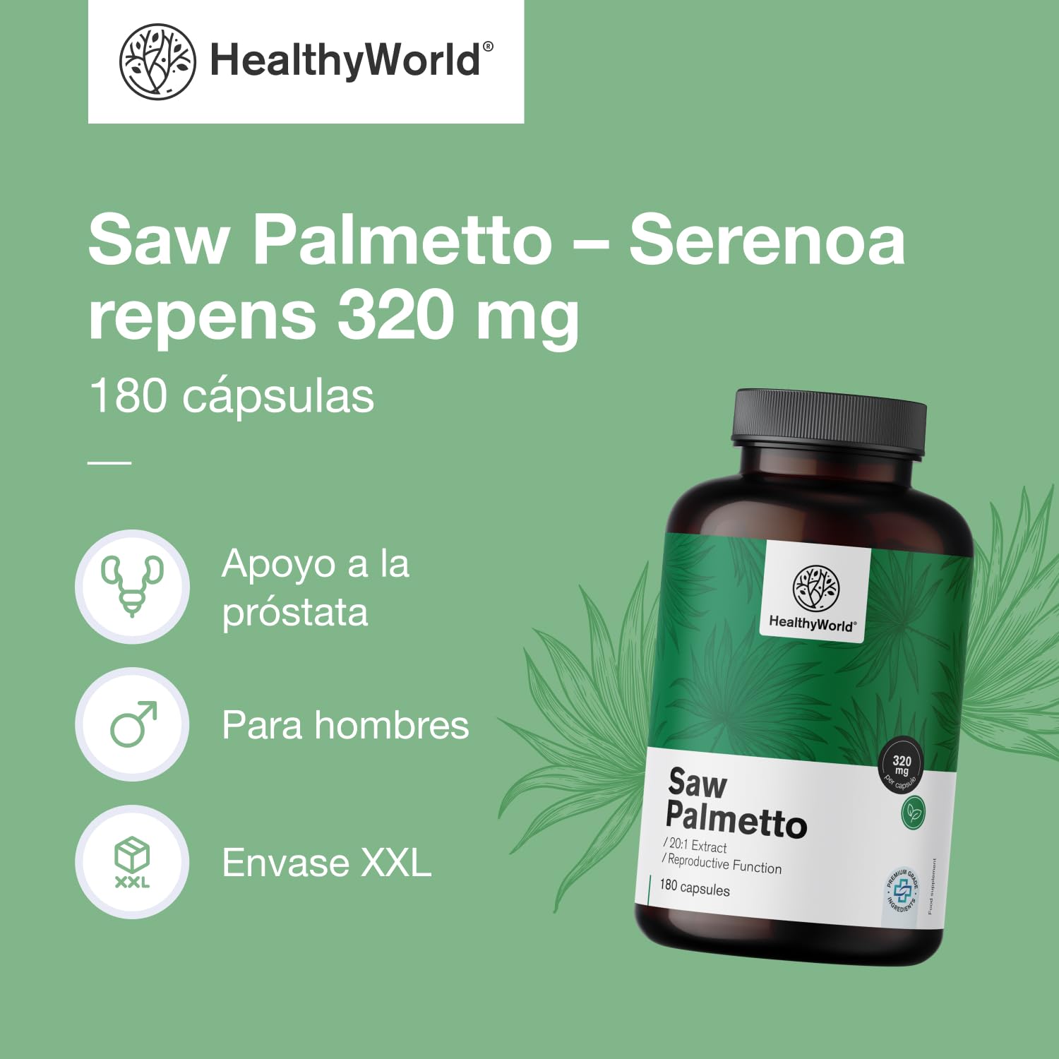 HealthyWorld Saw Palmetto – Serenoa repens con suplemento de zinc – Extracto 20:1 – 180 cápsulas vegetales – Apoyo a la próstata – Envase XXL – Para 6 meses