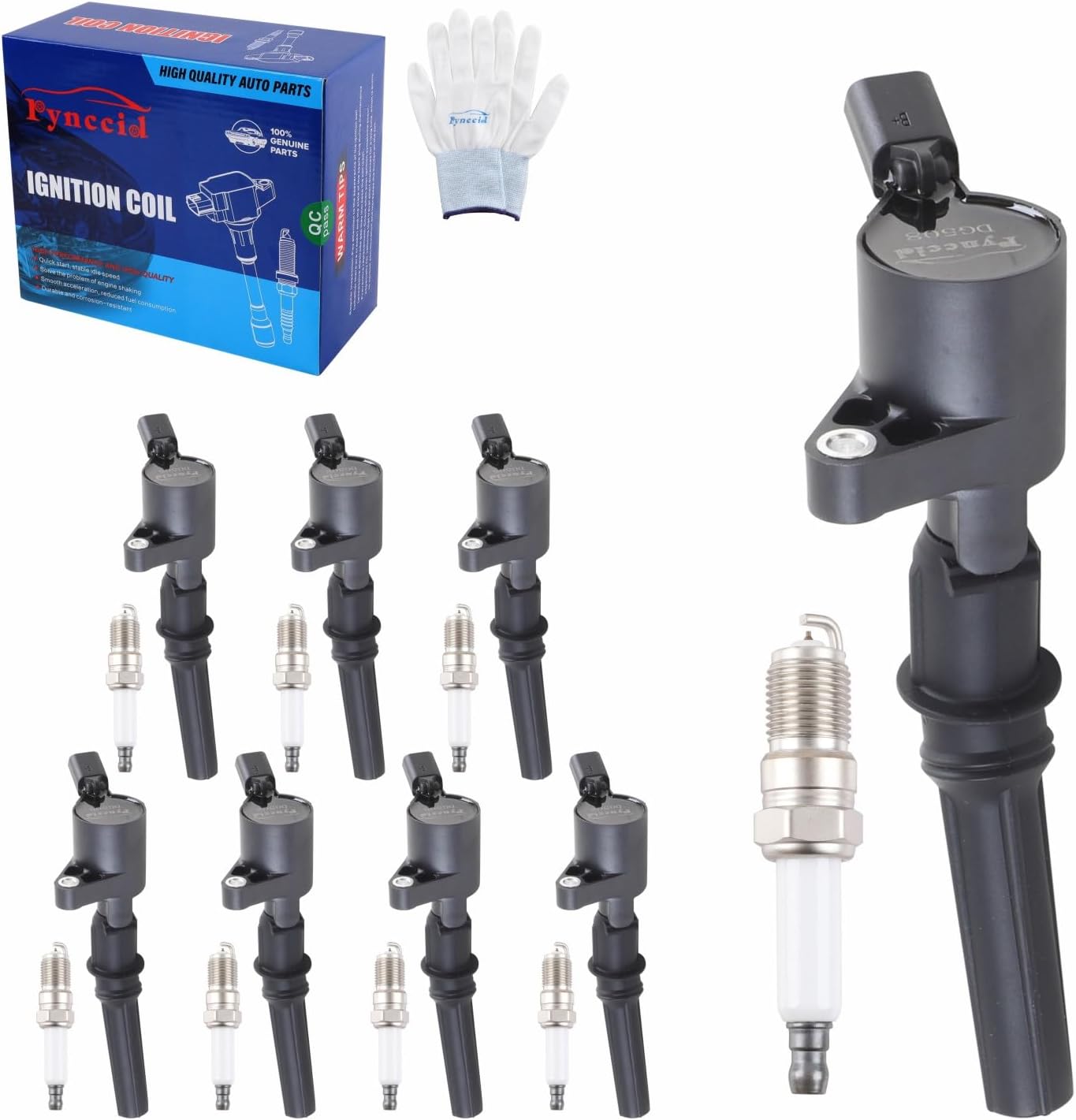 Set of 8 DG508 Curved Boot Ignition Coil & SP479 Spark Plugs Pack Compatible with Ford Lincoln Mercury 4.6L 5.4L V8 Replacement for1L2U12029AA I2LU-12A388-AA (DG508+Spark Plug)