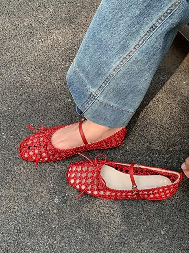 Women's Woven Bow Ballet Flats Fishnet Ballerina Flats Wide Width Mesh Mary Jane2