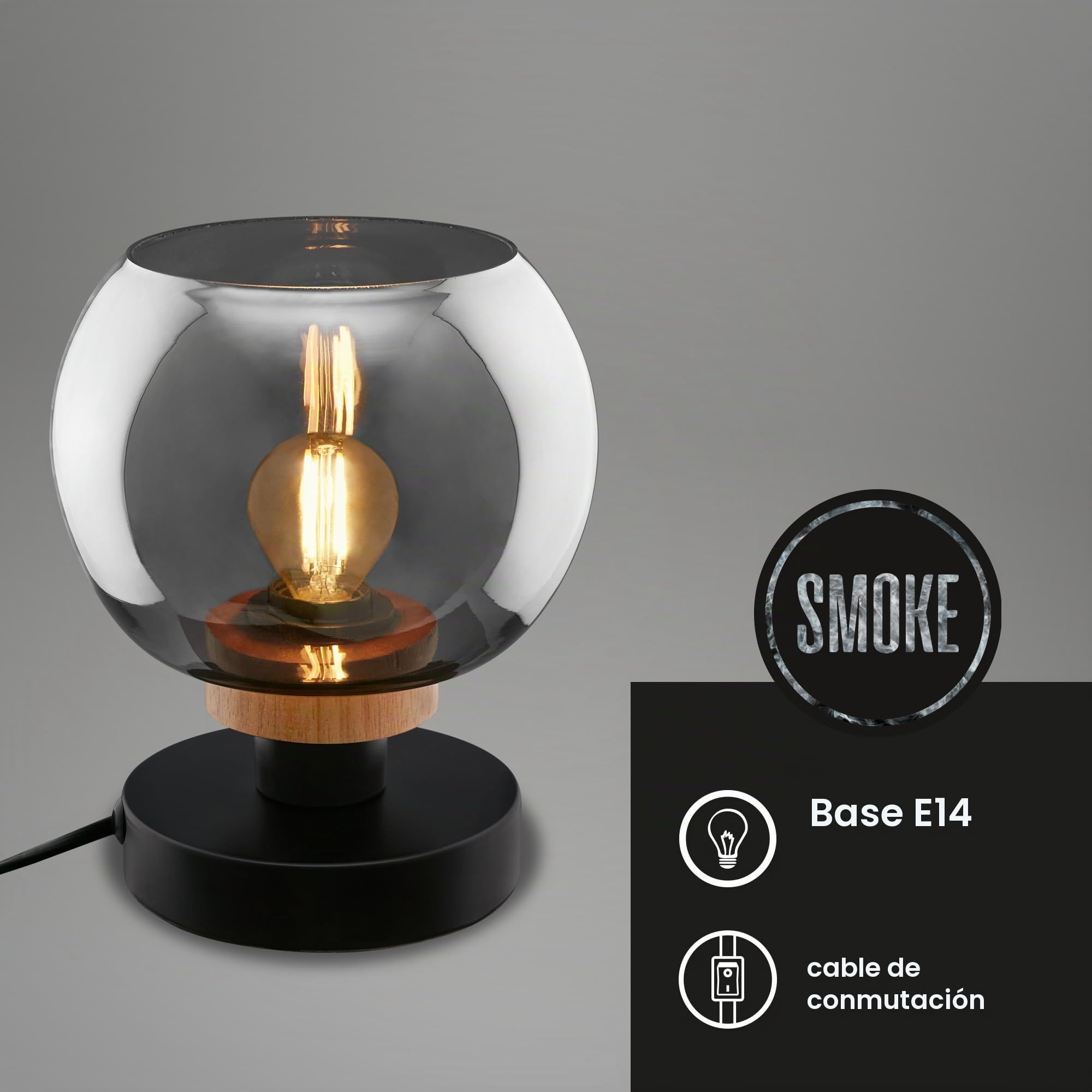 BRILONER - Lámpara de noche, cristal ahumado, lámpara de escritorio con interruptor de cable, lámpara de mesa E14 para oficina en casa, lámpara de lectura, madera negra