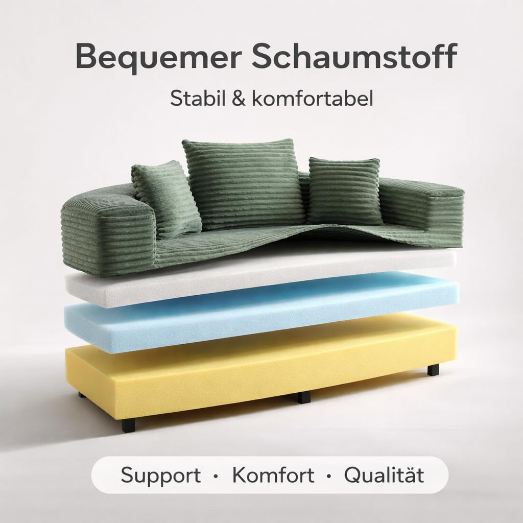 2-in-1 Schlafsofa Rundliege 180×180 cm, Faltbares Cordstoff Sofa Bett mit Kissen, Halbkreis Sofa zu Rundbett Ausziehbar, Boden Schlafsofa für Wohnzimmer, Balkon & Lounge (Grün)