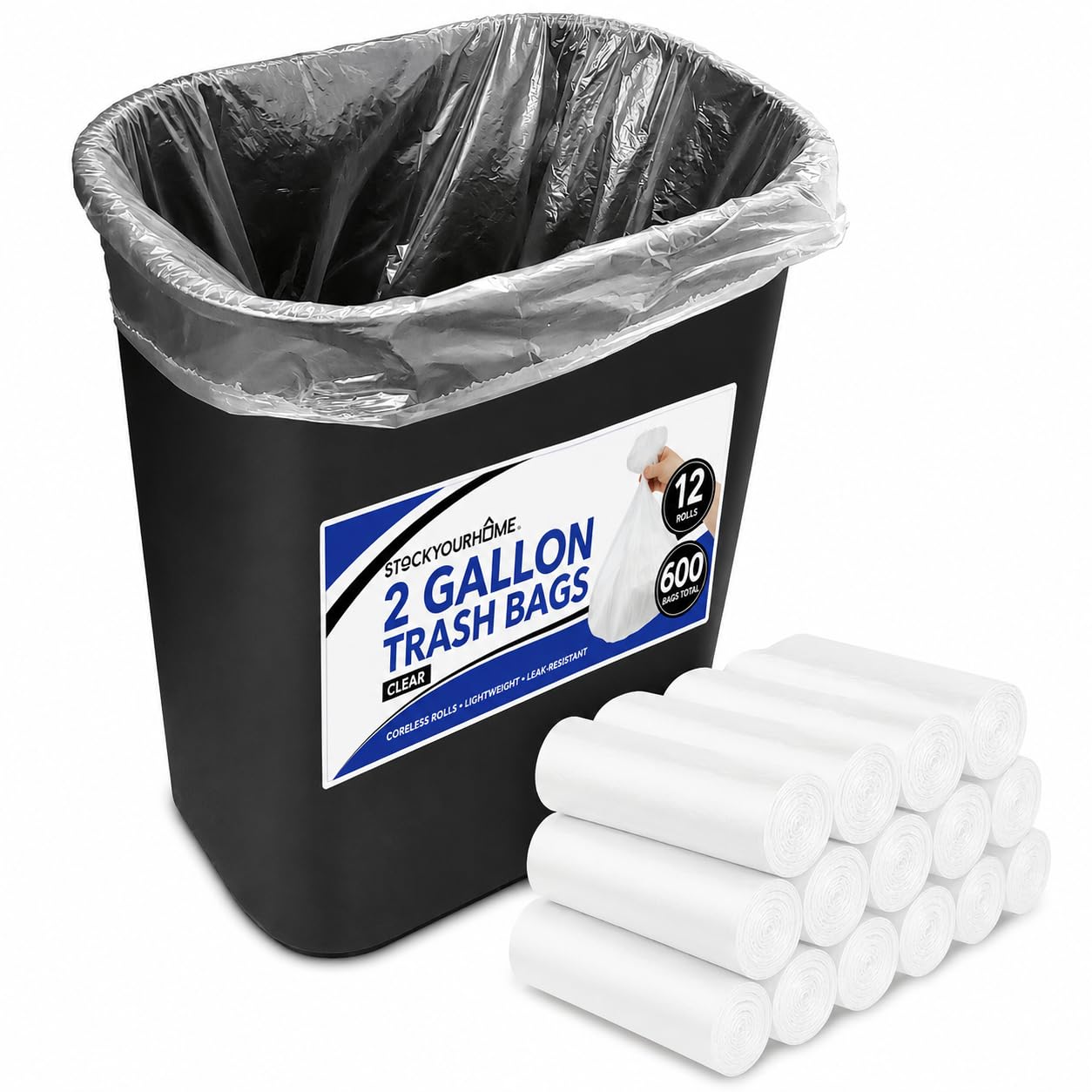 Clear 2 Gallon Trash Bag (600 Pack) Un-Scented Small Garbage Bags for Bathroom Can by Stock Your Home – 1 Count (Pack of 600), 2.0 gallons, Clear, Model SYH-1851-3x-BDL