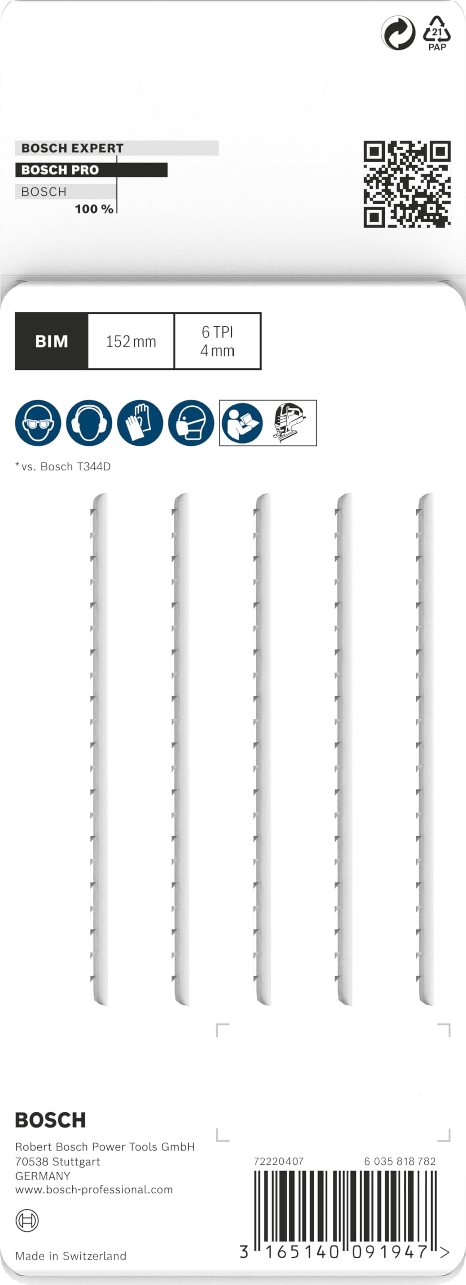 Bosch 5x Brzeszczot do wyrzynarki PRO Hardwood fast T344DF (do Twarde drewno, Płyta wiórowa, Długość 152 mm, Professional Akcesoria Wyrzynarka)