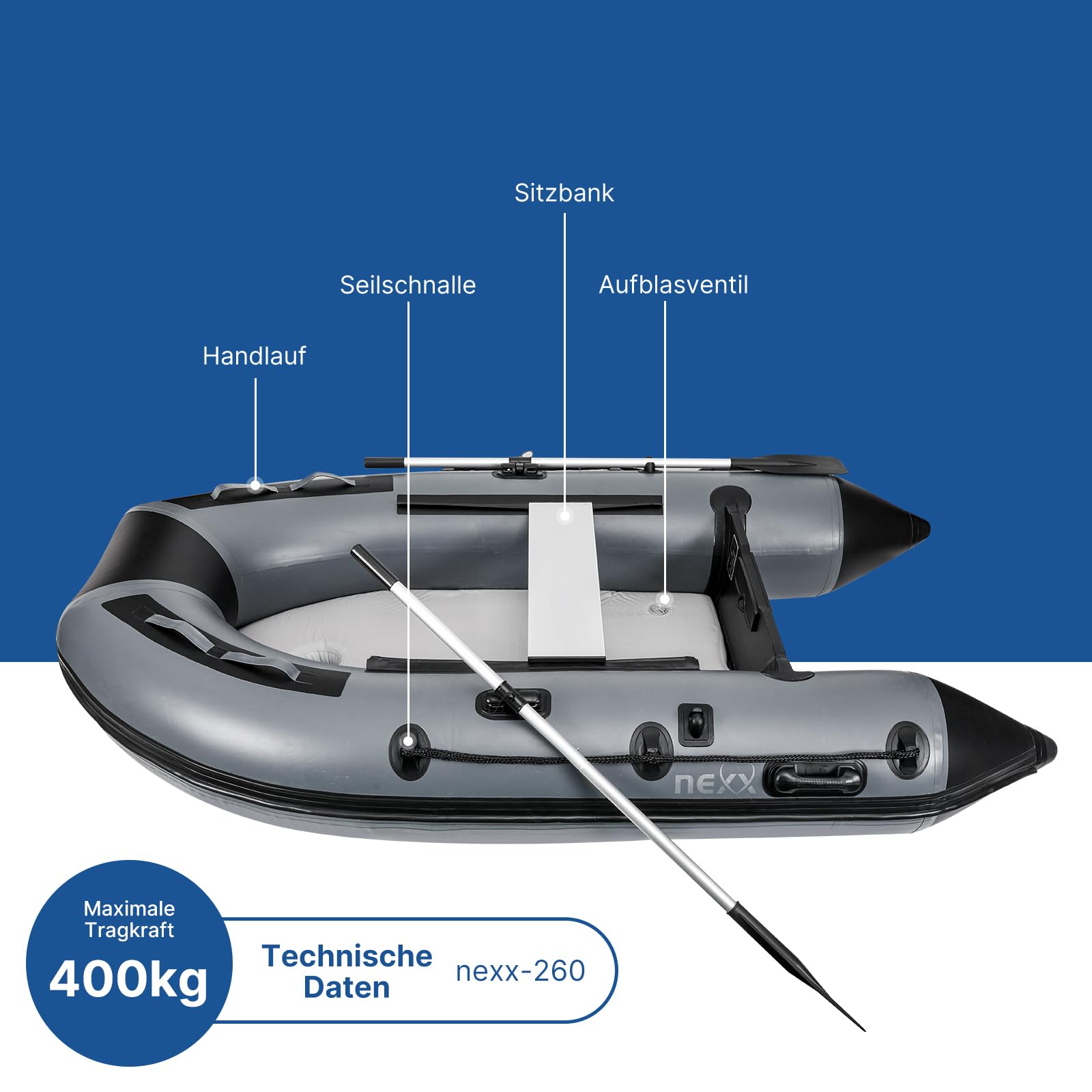 Professionelles Sportboot, Schlauchboot, Anglerboot NEXX 260cm mit Luftboden - mit 1 Sitzbank inkl. 2 Paddeln, hellgrau
