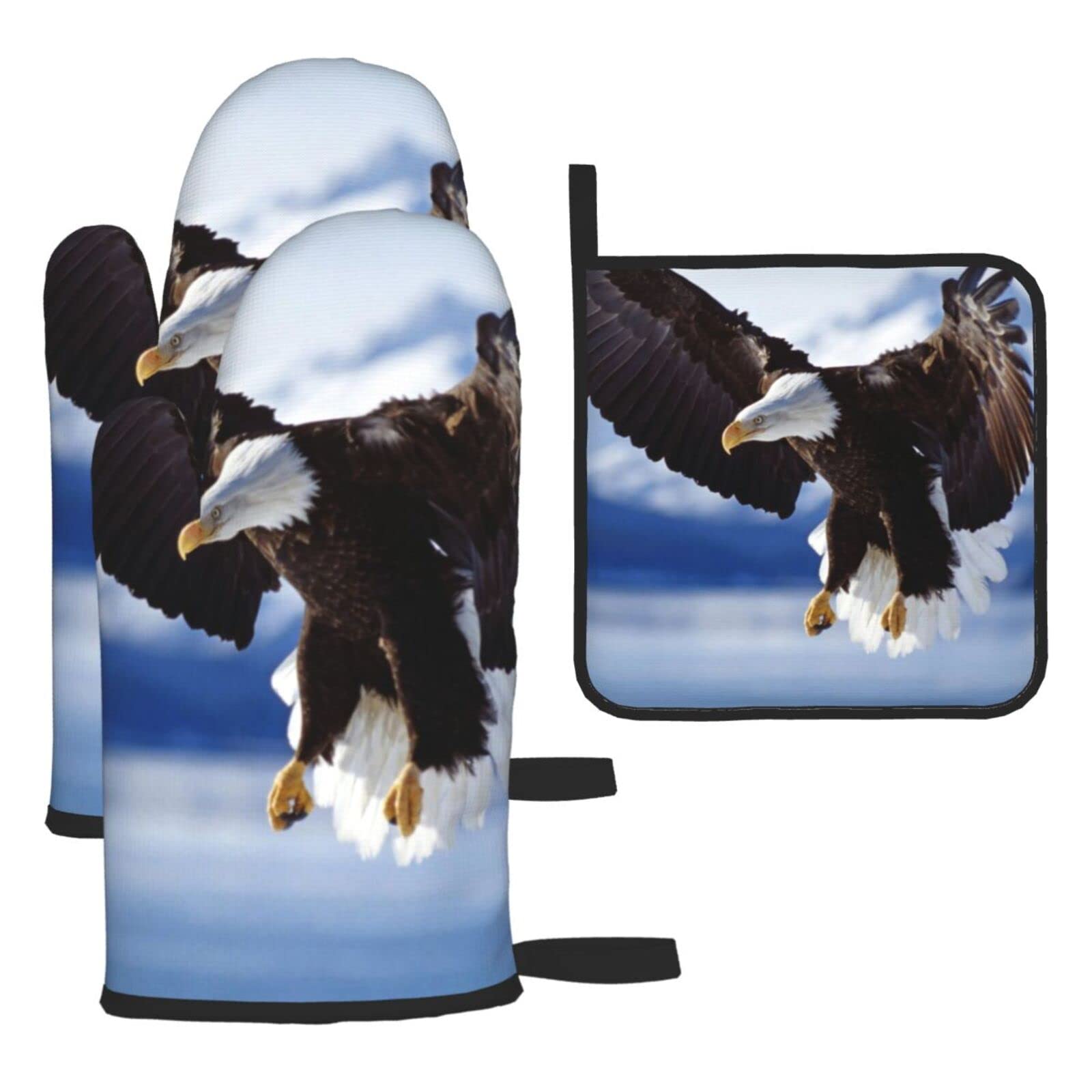 Eagle Printed Kitchen Baking Three-Piece Heat-Resistant Thick Cotton Oven Gloves for Cooking and Baking.
