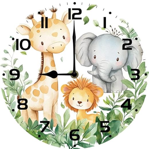 SRongmao Cute Baby Animal Wall Clock Funny Nursery Wood Clock 10inch Silent Non-Ticking Quartz Battery Operated for Living Room Kitchen Bedroom Housewarming