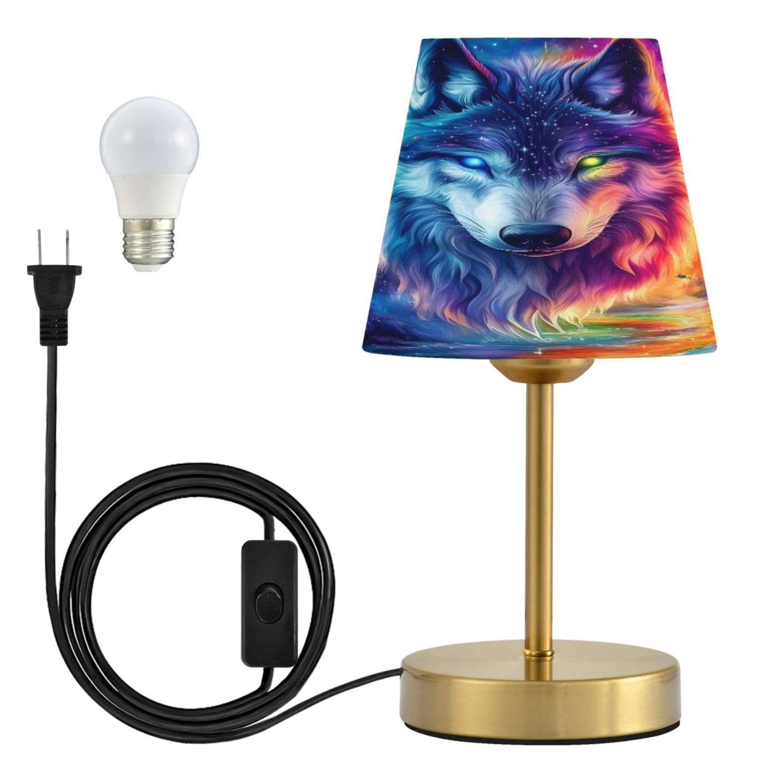 Tischlampe für Schlafzimmer, Nachttisch, Wolf, Galaxie, Waldfeuer, Nachttischlampe mit USB-Anschluss, Stoffschirm, dimmbar, Schreibtischlampen, Bronze, Metallsockel, Wohnzimmer