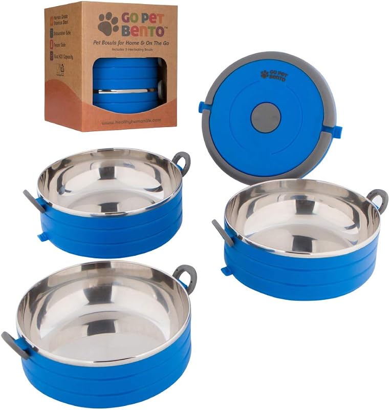 Potes para Viagem para Cães e Gatos Healthy Human em Aço Inoxidável 18/8, 3 Unidades, Azul