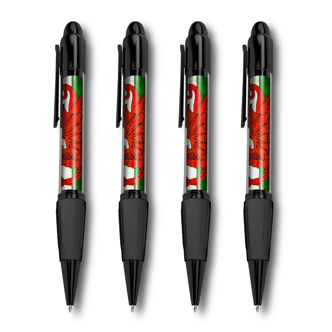 Set of 4 Black Ballpoint Pens (Photo Insert) - Distressed Wales Welsh Dragon Flag - Soft Feel Finger Grip #56016