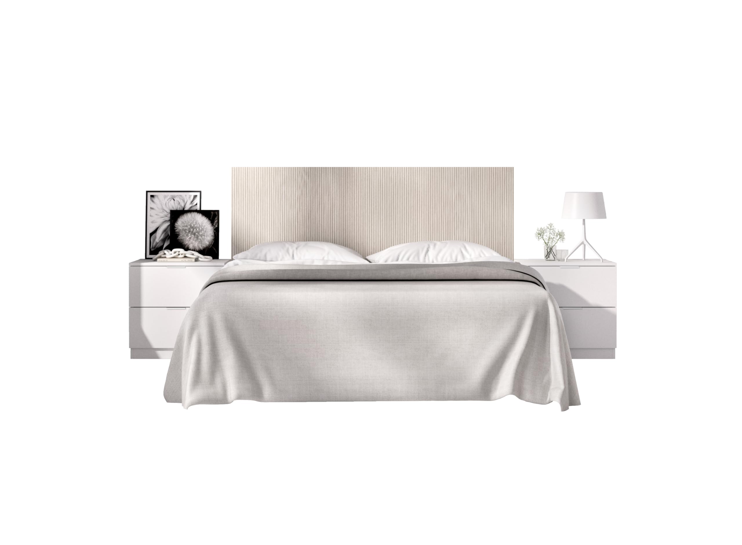 DEKIT GRUPO RIMOBEL LUSA - Cabecero con mesitas de dos cajones para cama de matrimonio - BLANCO / ALISTONADO - 106 x 256.8 x 34.2 cm