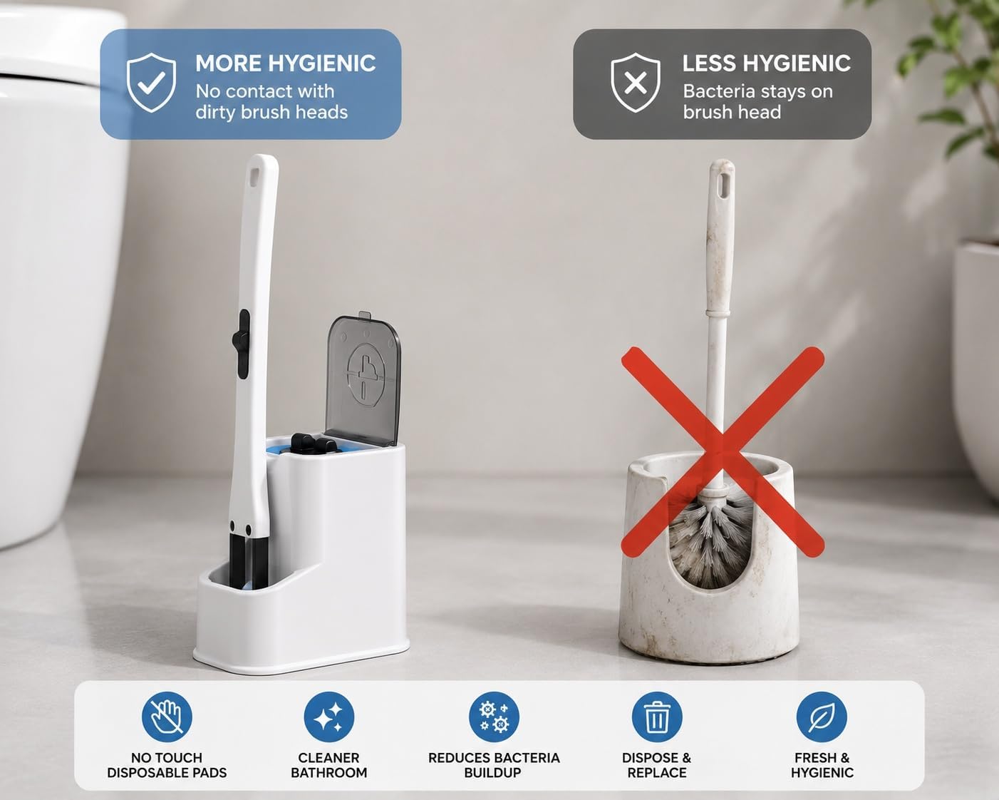 Disposable Toilet Brush Kit with Refill Pads & Holder, Bathroom Toilet Cleaning Brush System for Home, Office, & Business image 2