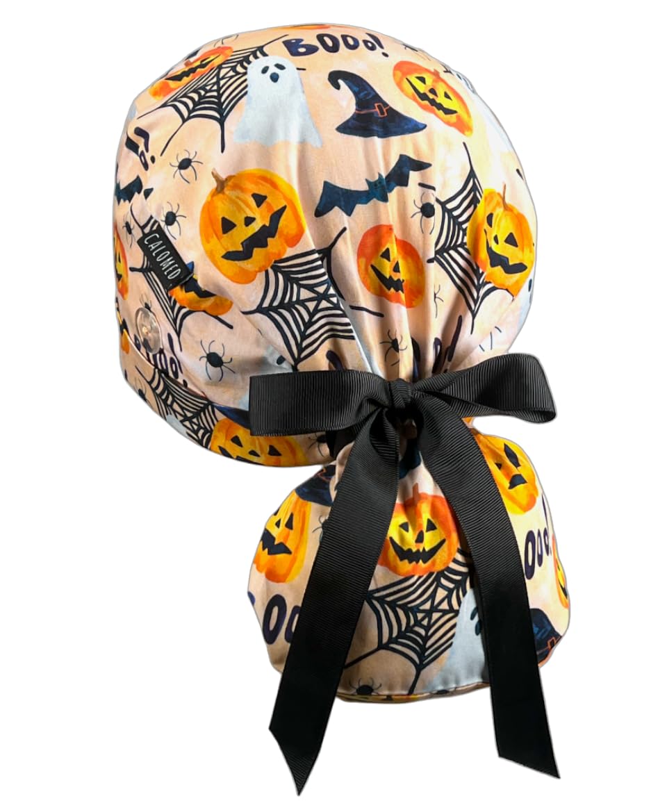 Scrub Cap for Women and Men, Ponytail Scrub Caps, Working Hat, Head Cover with Ribbon Ties and Buttons, Long Hair