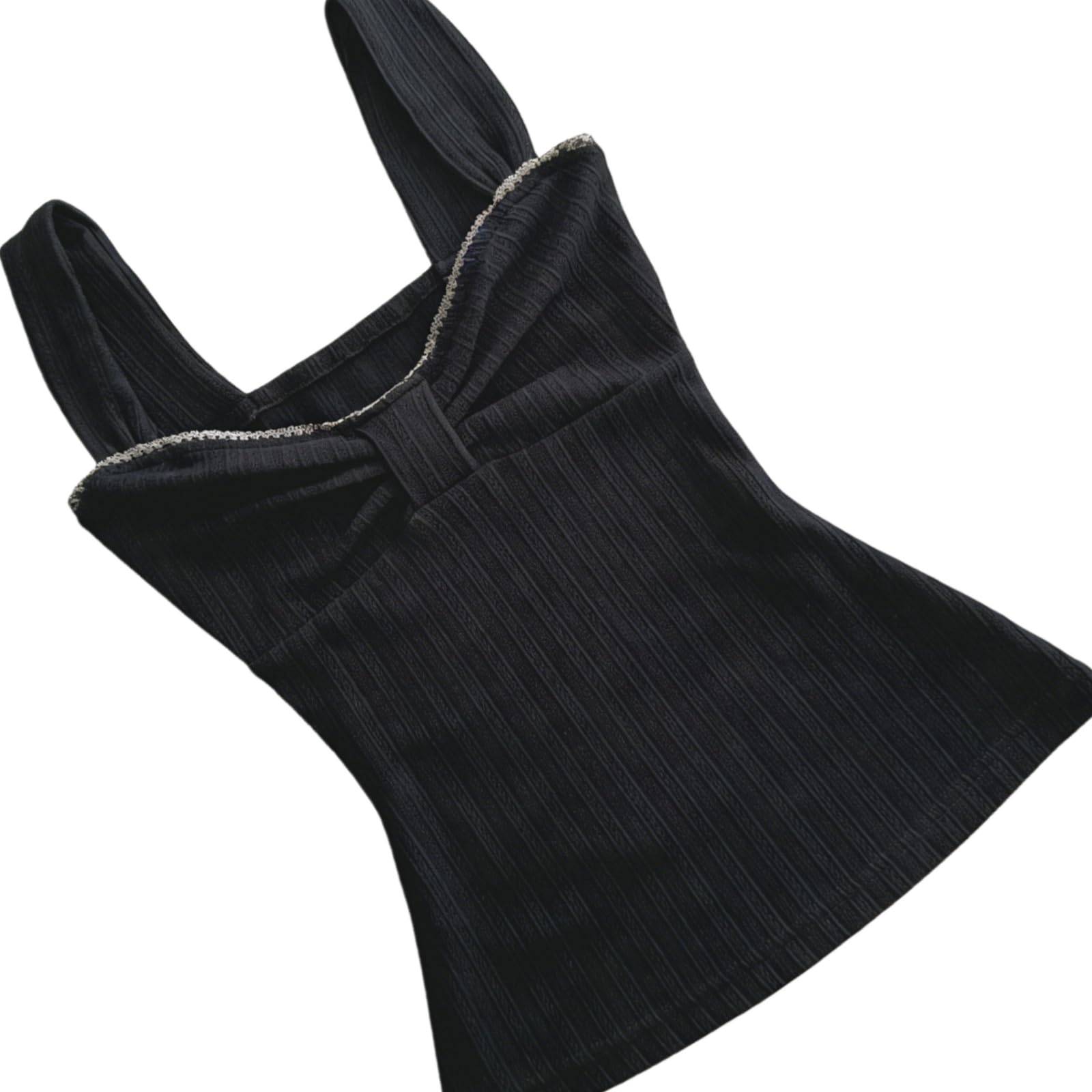 Women Fairy Grunge Tank Tops Vintage Aesthetic Lace Trim Cami Shirt Slim Fit Knit Ribbed Coquette Clothes: Black Bow Medium