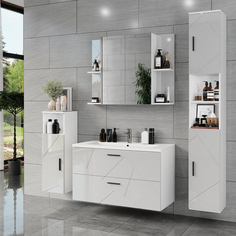 Vicco Set di mobili da bagno Irma, Bianco/bianco lucido, 100 cm, composto da mobile sottolavabo, lavabo, pensile, colonna e mobile medio
