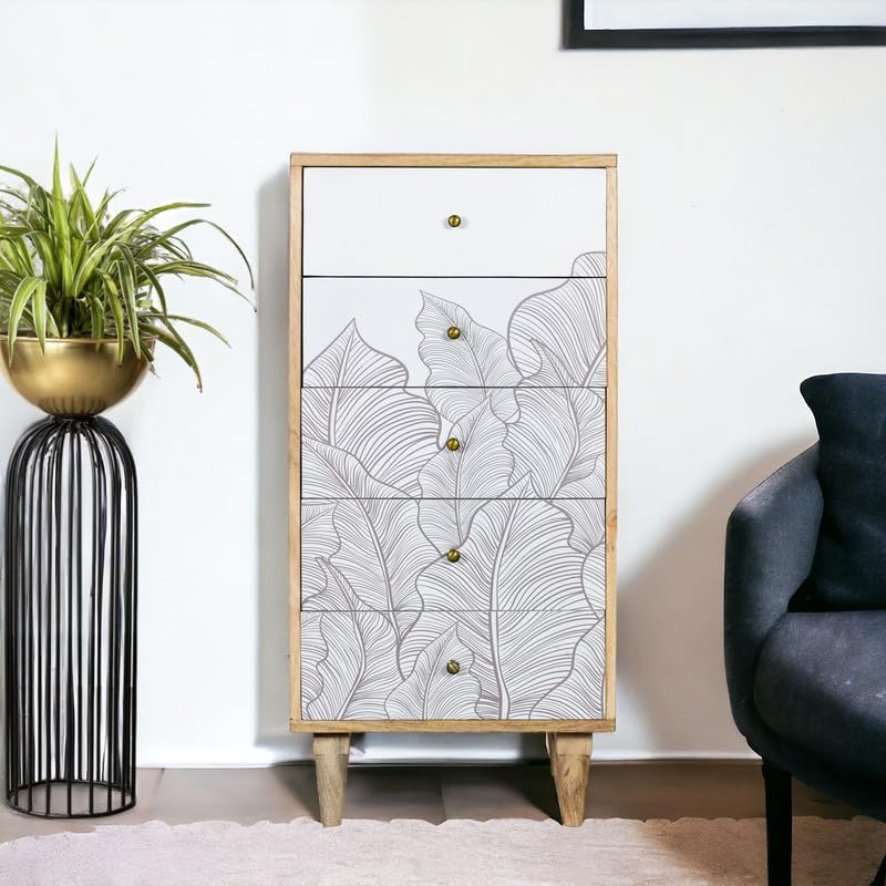 Image of Solid Wood Ranthambore Chest of Drawer | Wooden Chest of Drawer |Chest of Drawers with Storage | Dresser with 5 Drawers | Finish- Natural and White