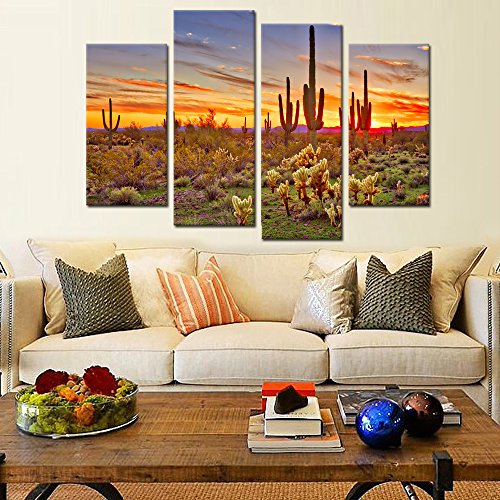 Kreative Arts - Colorfull Sunset With Saguaros Landscape Canvas Wall Art Sonoran Desert Picture Gallery Wrapped Botanical Cactus In Arizona Picture Print On Canvas For Living Room #TOP1