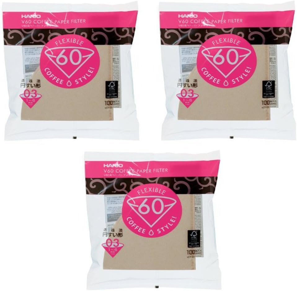 Hario 03 Coffee Paper Filters, 3-Pack Set 100 Filters per Pack (Total of 300 Filters) (Japan Import) (Natural Paper)