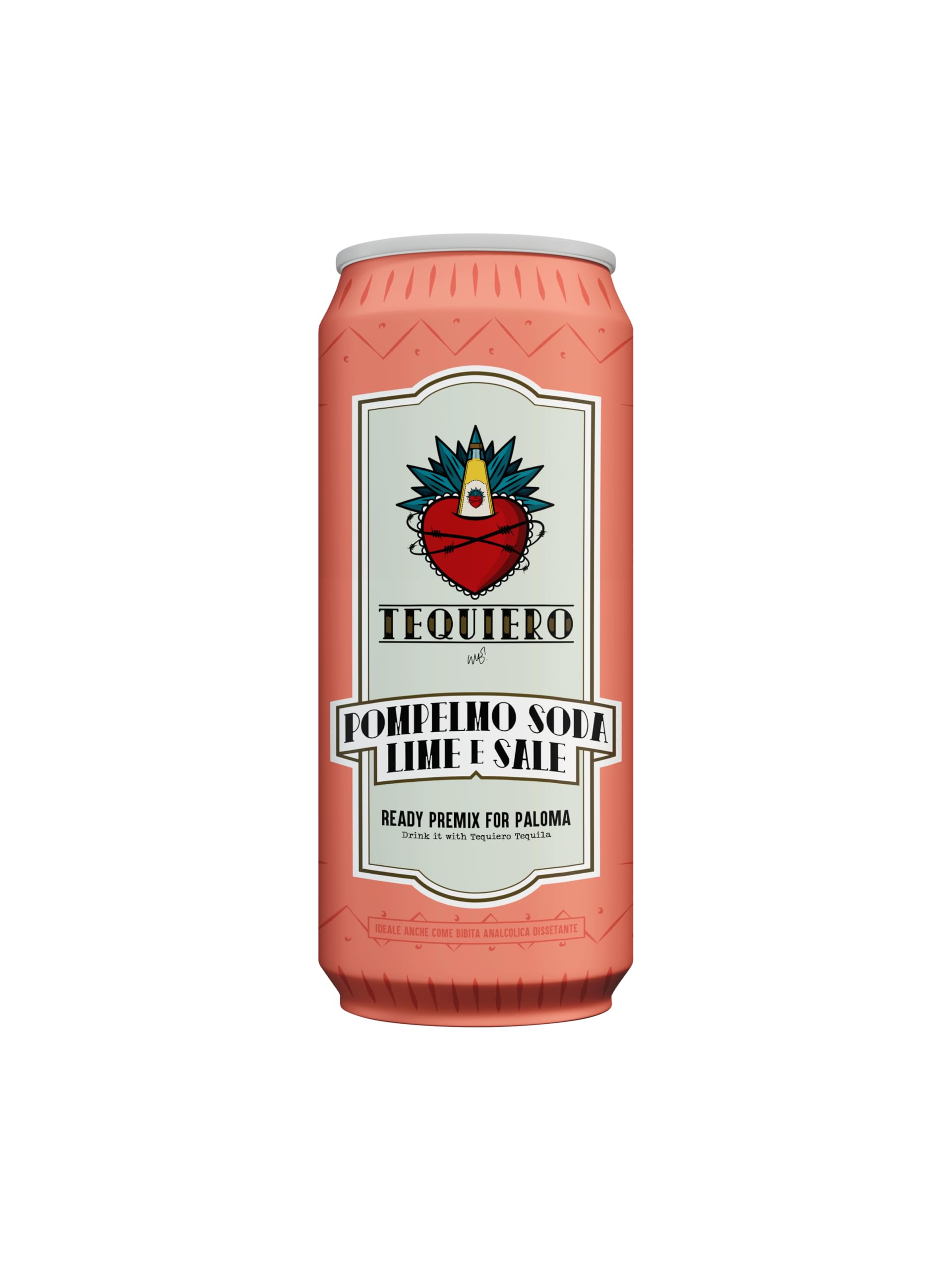 Tequiero Soda Pompelmo, Lime e Sale. Tequiero Paloma Premix. Bevanda agrumata con pompelmo rosa. Analcolico. Note fresche e floreali. Lattina da 250ml - Pack da 24 lattine.