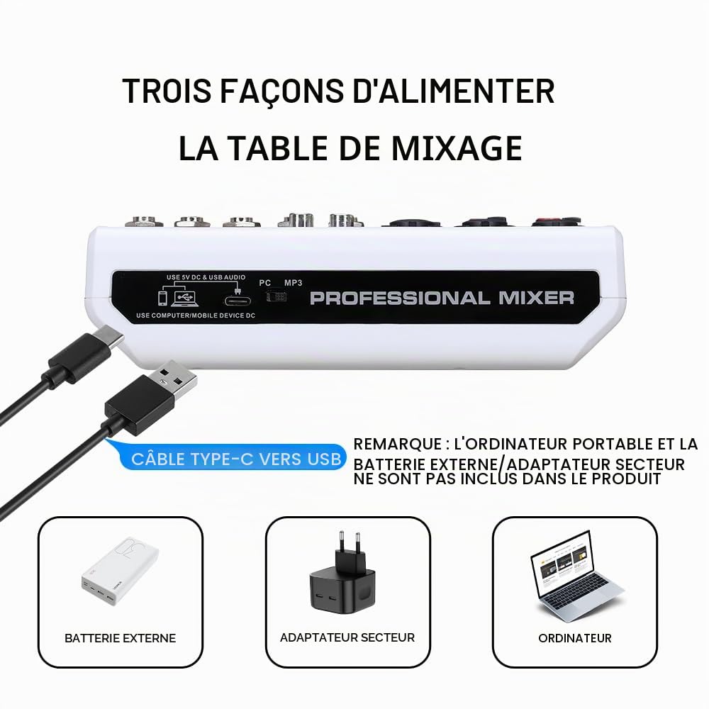 BOMGE Mixeur Audio, Table de Mixage Son avec 5 Canaux Numériques USB Bluetooth, Effet de Retard d’Écho, Alimentation Fantôme 48V, Mixeurs DJ Stéréo pour Enregistrement, Diffusion en Direct, Podcast
