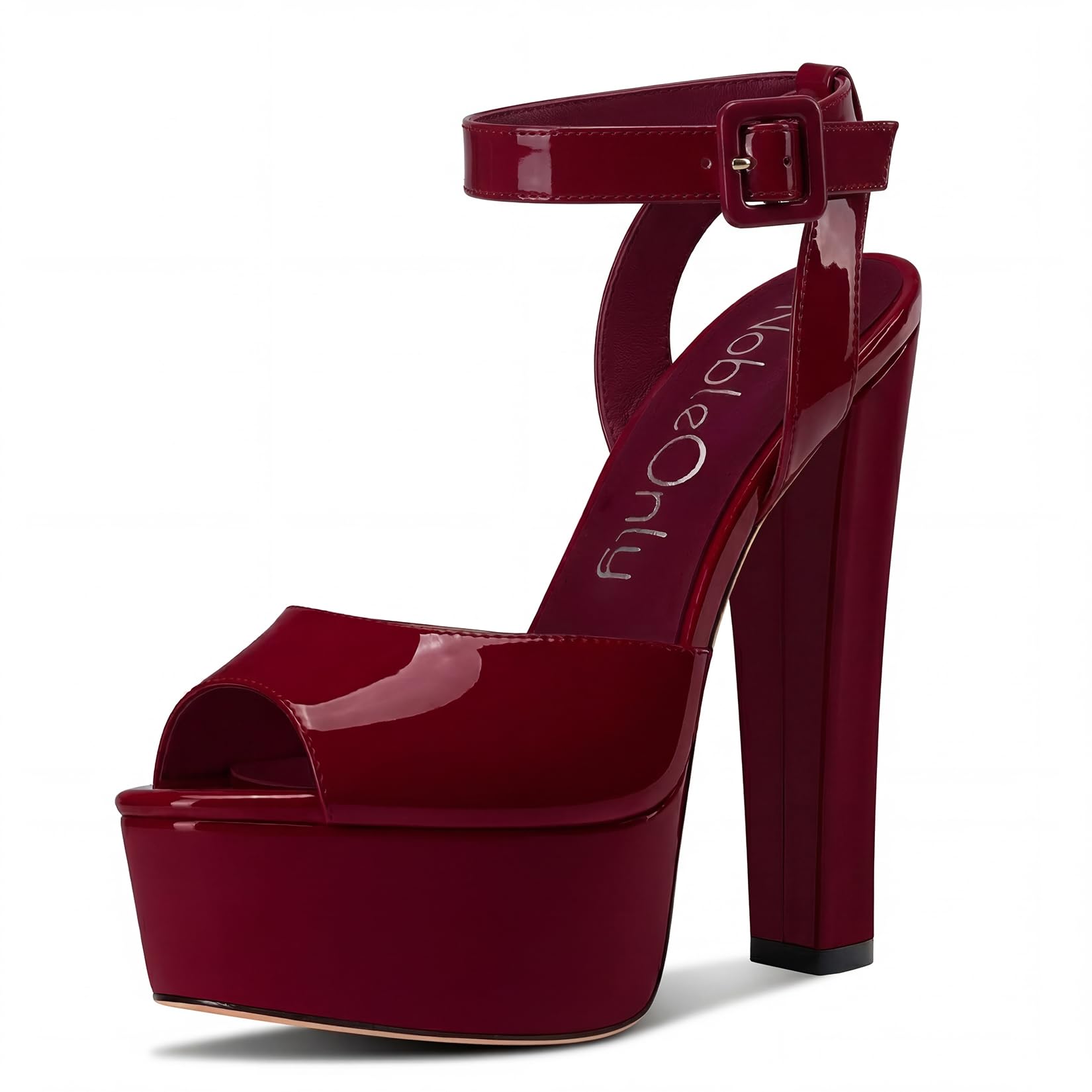 NobleOnly Womens High Block Platform Heel Peep Toe Ankle Strap Sandals Buckle Prom Dress Shoes 5.9 Inches Heels Burgundy Patent 13 M US