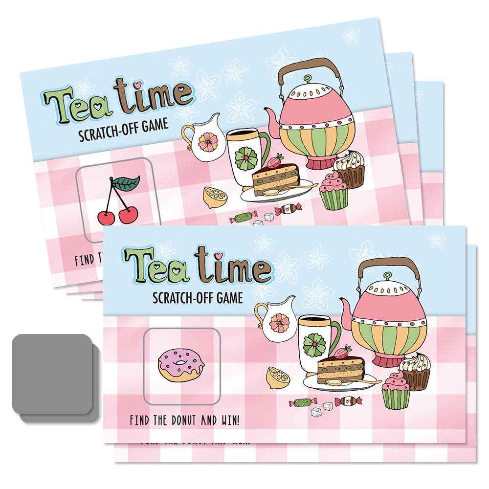 THEBESTU 50 Pcs Tea Time Scratch Off Game Cards, Funny Tea Cake Scratch Cards for Birthday Baby Shower Party, High Tea Royal Tea Party Supplies for