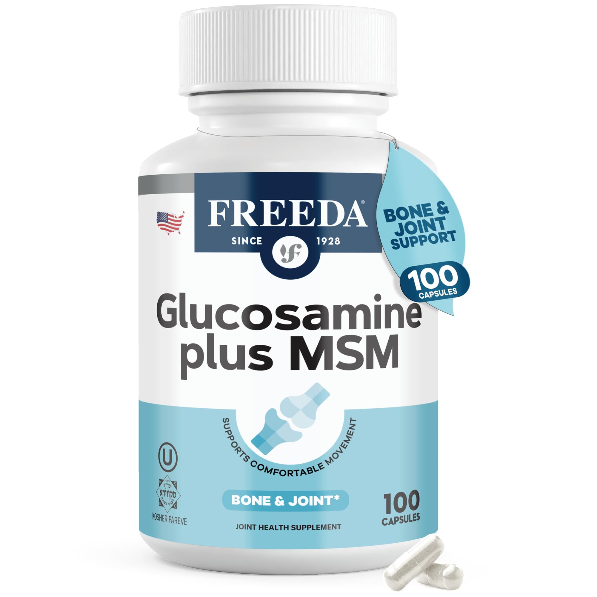 FREEDA Glucosamine 1500mg + MSM 750mg for Bone & Joint Support – 100ct 100 Count (Pack of 1)