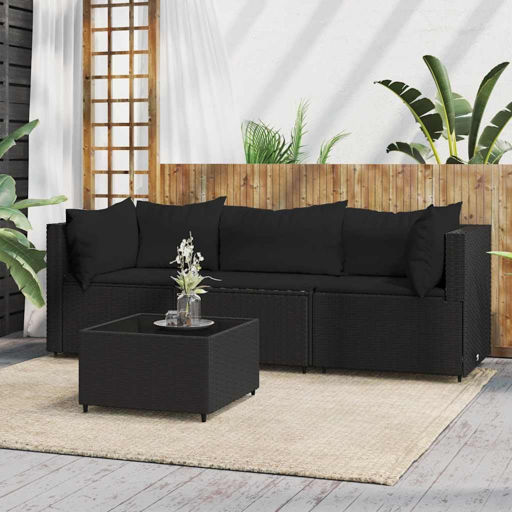 Patio Lounge Set Black PE Rattan, Powder-Coated Steel, Tempered Glass, Outdoor Sofas, 319783