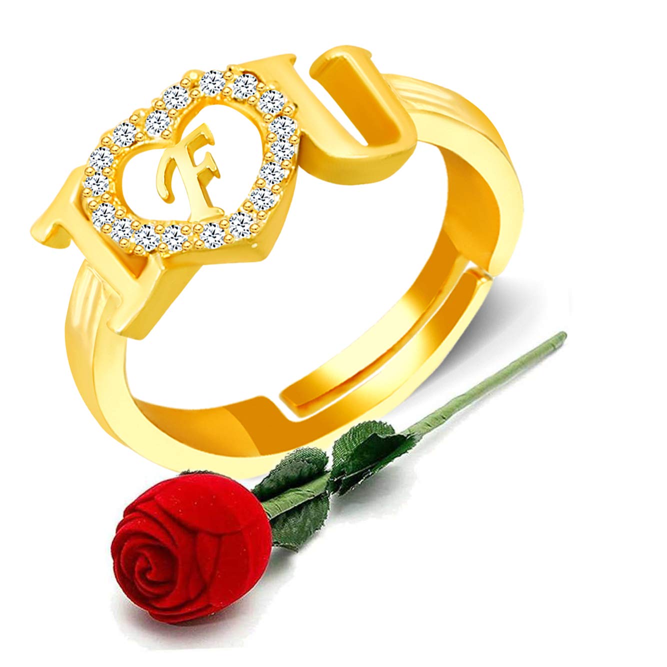 MEENAZ CZ AD Valentine American diamond Gold Plated Adjustable I Love You Heart Initial Letter Name Alphabet Love F Finger Rings for women girls girlfriend couples lovers Stylish Red Ring ROSE BOX SET