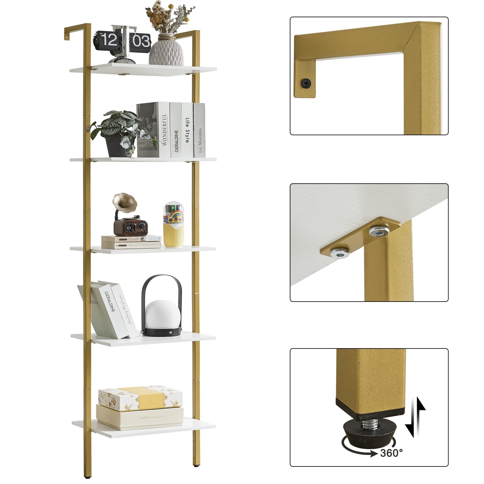 YMYNY Leiterregal mit 5 Ebenen, Bücherregal, DIY Standregal, Regal aus Holz, Metallrahmen, Wandmontage, für Bücher, Dekoration, Pflantzen, für Wohnzimmer, Büro, Balkon, Weiß HBC015W