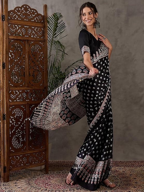Image of SATIKA VASTRAM Modal Silk Ajrakh Saree Bandhani Design Crepe Printed Designer Pallu Attach Blouse Piece