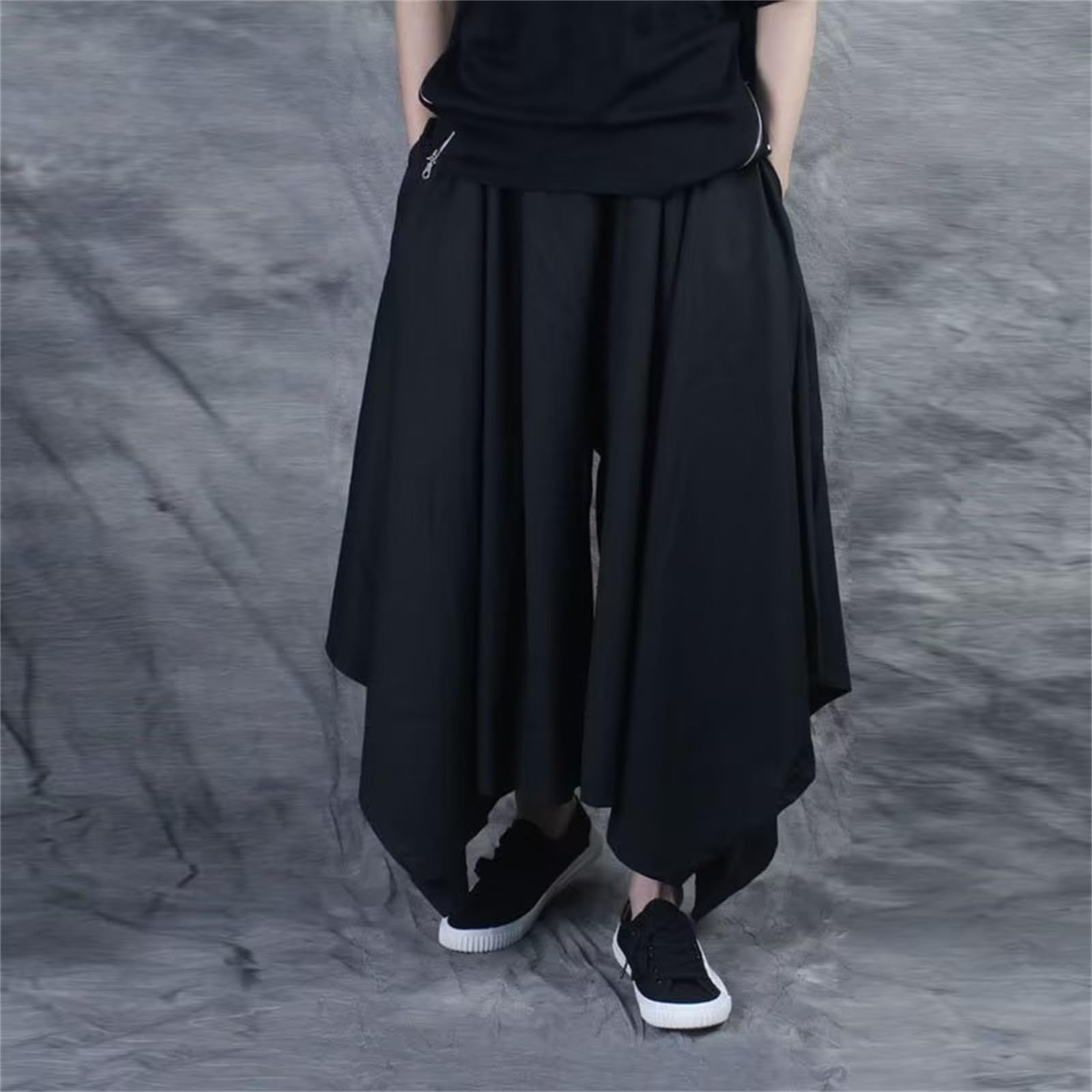 Falda de harén para hombre, estilo japonés, estilo samurai, hakama, dobladillo irregular, holgado, pierna ancha, pantalones informales, yoga, ninja, pantalones bajos, pantalones harén, hip