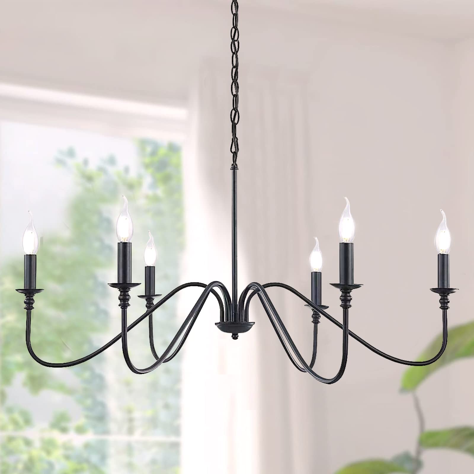 Black Chandelier, 6 Light Farmhouse Chandelier for Dining Room Lighting Fixtures Adjustable Hanging, Rustic Industrial Candle Chandeliers for Hallway, Living Room, Foyer, Bedroom, Bar, Island Lights
