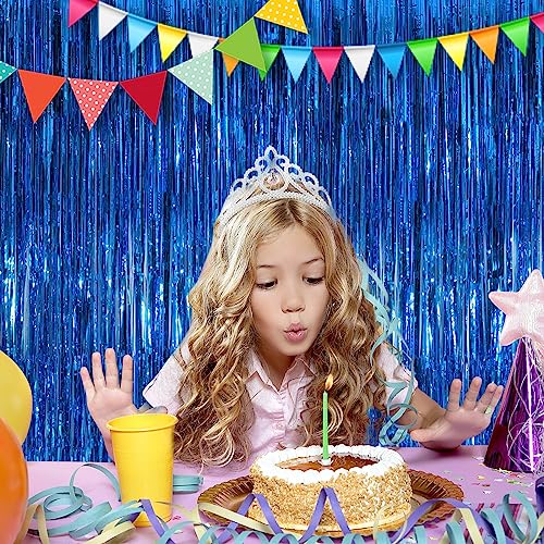 Image of Blue Fringe Curtain Party Streamers 2Pack 3.3 x 8.3 Ft Foil Fringe Backdrop Curtains for Birthday Wedding Bridal Baby Shower Holiday Tinsel Streamers Blue Christmas Party Decorations Door Streamer