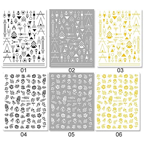 Geometric Nail Art Stickers Decals Black White Gold Lines Flowers 3D Nail Stickers 6Sheets Geometry Luxury Retro Floral Nail Art Adhesive Transfer Decals For Acrylic Nails Supply Diy Manicure Decoration Tip #TOP1