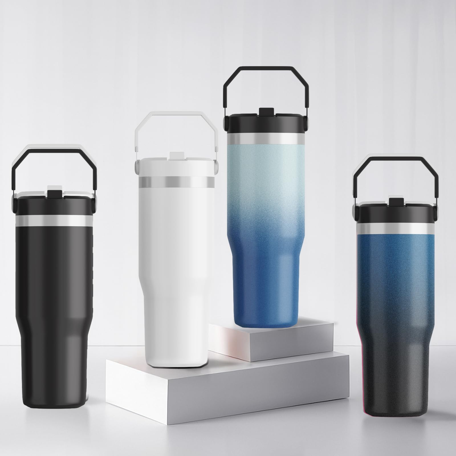 FOLAI Taza térmica personalizada, 30 onzas a prueba de fugas, de acero inoxidable, para deporte, termo con pajita y asa, botella de gimnasio, apta para lavavajillas, taza de café térmica (blanco)