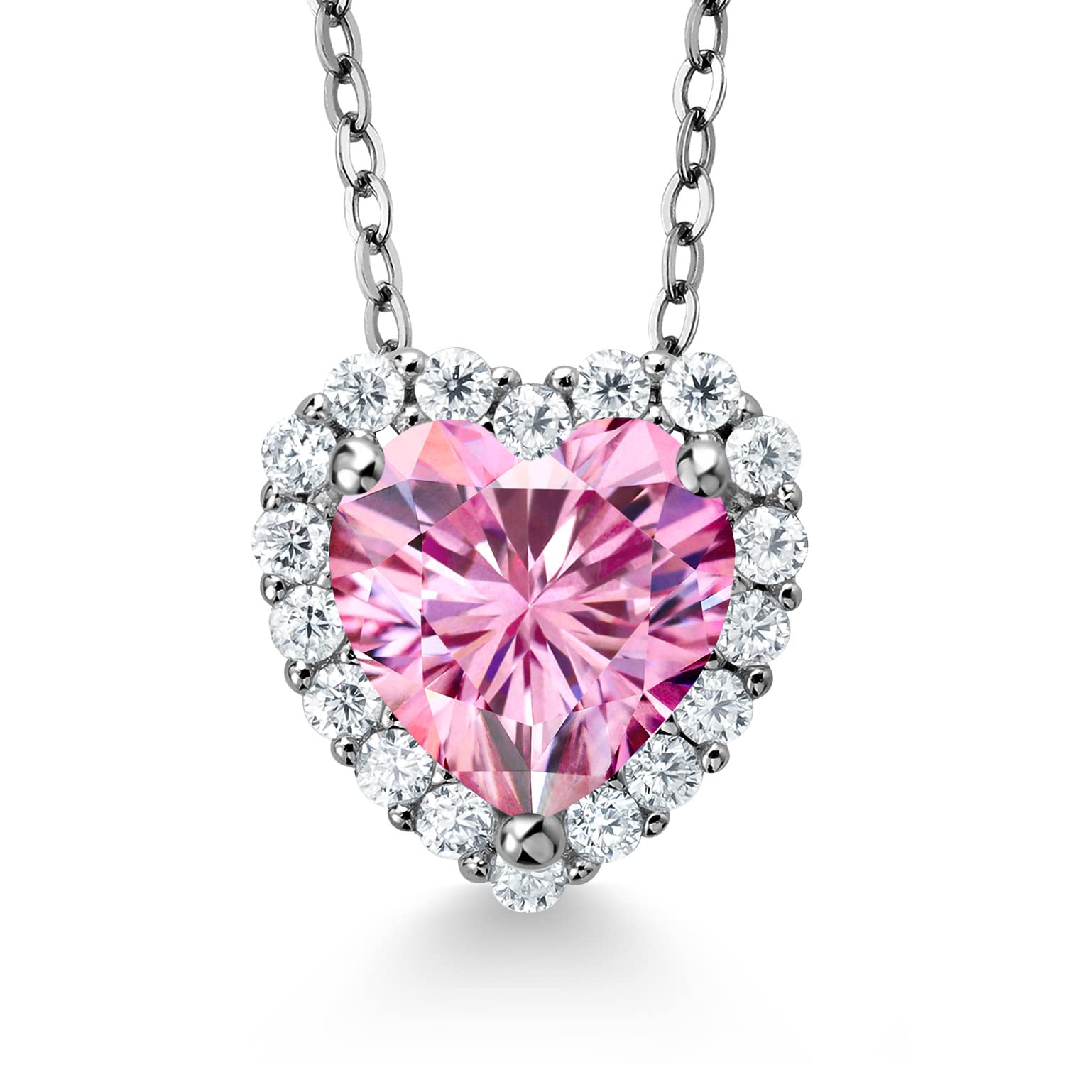 Gem Stone King 1.29 Cttw Pink and White Moissanite Heart Shape Pendant Necklace For Women | 925 Sterling Silver | Heart 6.5MM | With 18 Inch Chain |