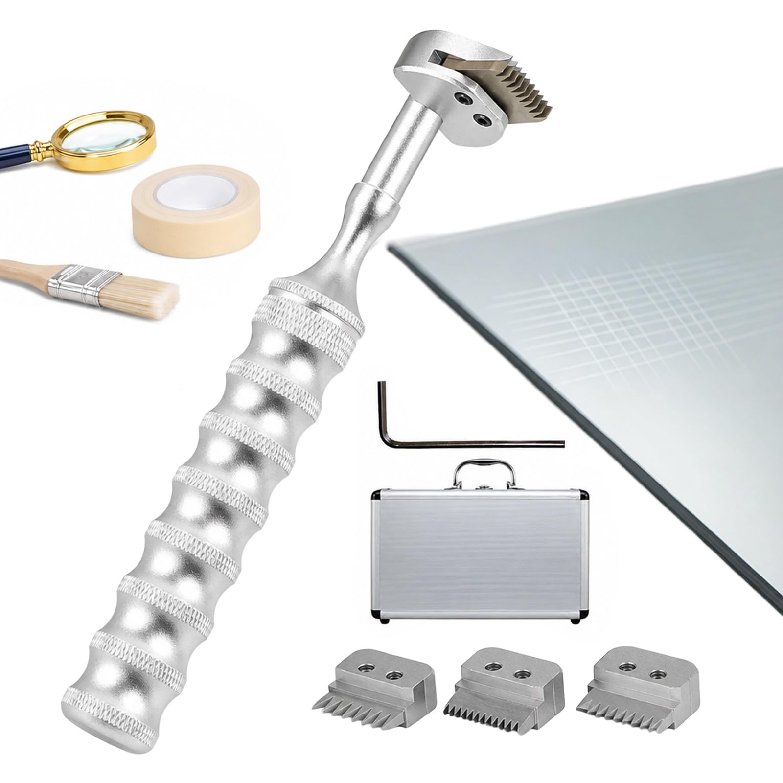 Zestaw do badania przyczepności metodą siatki nacięć, cross-hatch | Ostrza 1 mm, 2 mm i 3 mm, lupa, szczoteczka i taśma, aluminiowa walizka, do oceny przyczepności powłok malarskich
