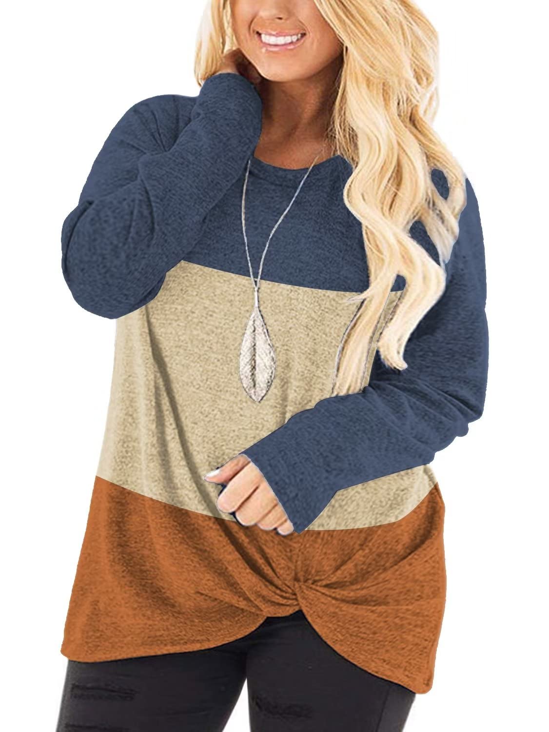 DOLNINE Womens Plus Size Knotted Tops Long Sleeve Tee Shirts Loose Casual Blouse