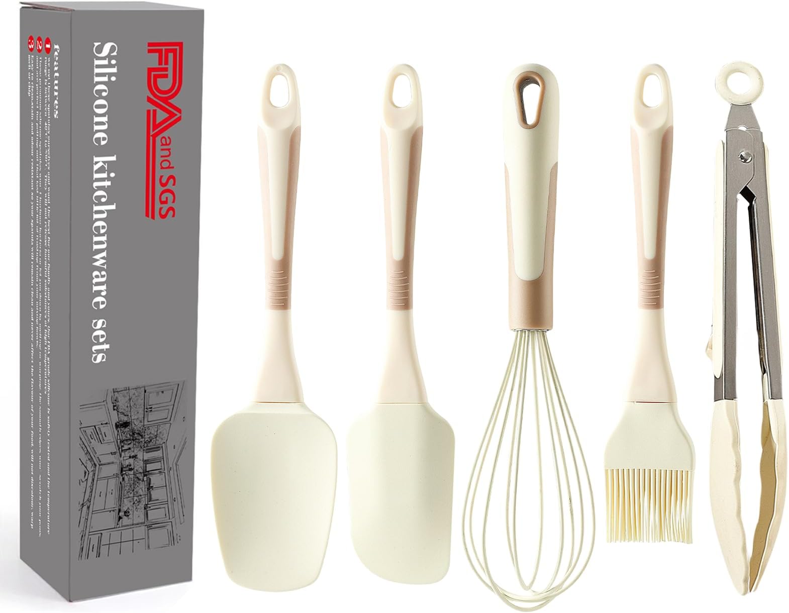 Kitchen Cooking Utensils Set, 5 Pcs Non-Stick Silicone Cooking Utensils Set (Dishwasher Safe) 446°F Heat Resistant Spatula Set with Whisk, Spatula, Tongs, Spoon and Pastry Basting Brush (White 5Pcs)
