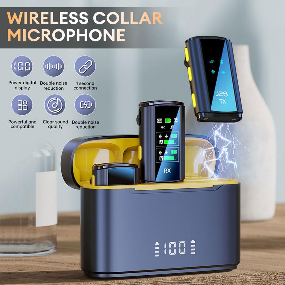 Micrófono Lavalier Inalámbrico Micrófono Estéreo con Reducción de Ruido Dual y Estuche de Carga para Cámara, Teléfono Inteligente, Transmisión en