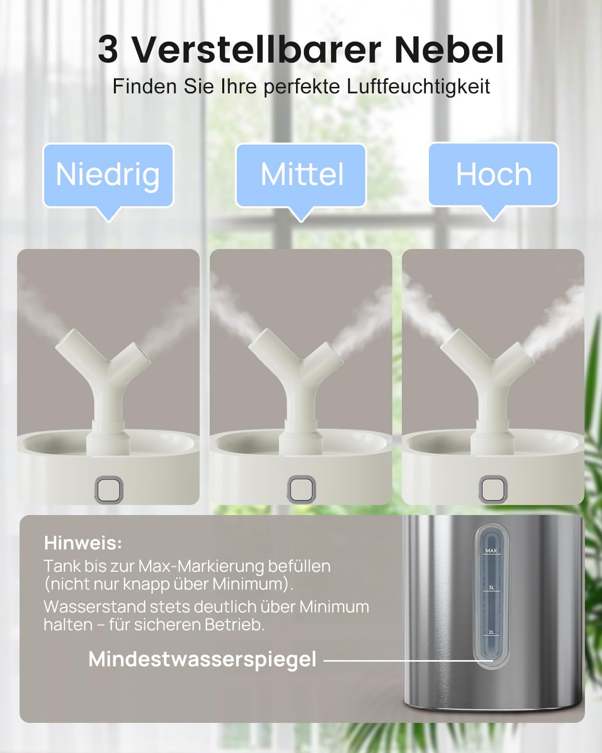 Luftbefeuchter Große Räume 4L Edelstahl, Ultraschall Kaltnebler, Weiß | Bis 50 m² Große Räume, Spülmaschinengeeignet, Leiser Betrieb, für Schlafzimmer, Babyzimmer, Büro, Wohnzimmer & Zimmerpflanzen